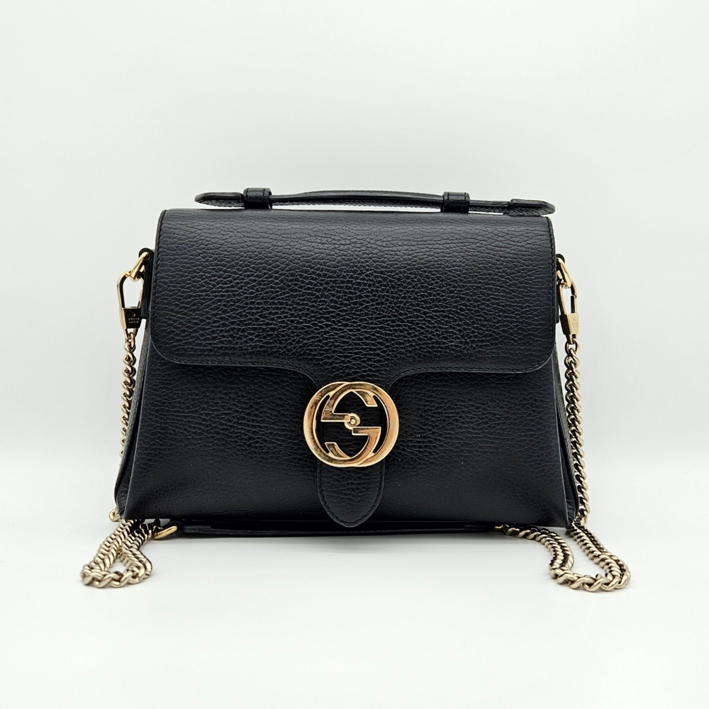 Authentic Gucci Interlocking G Top Handle Medium Black #4338M